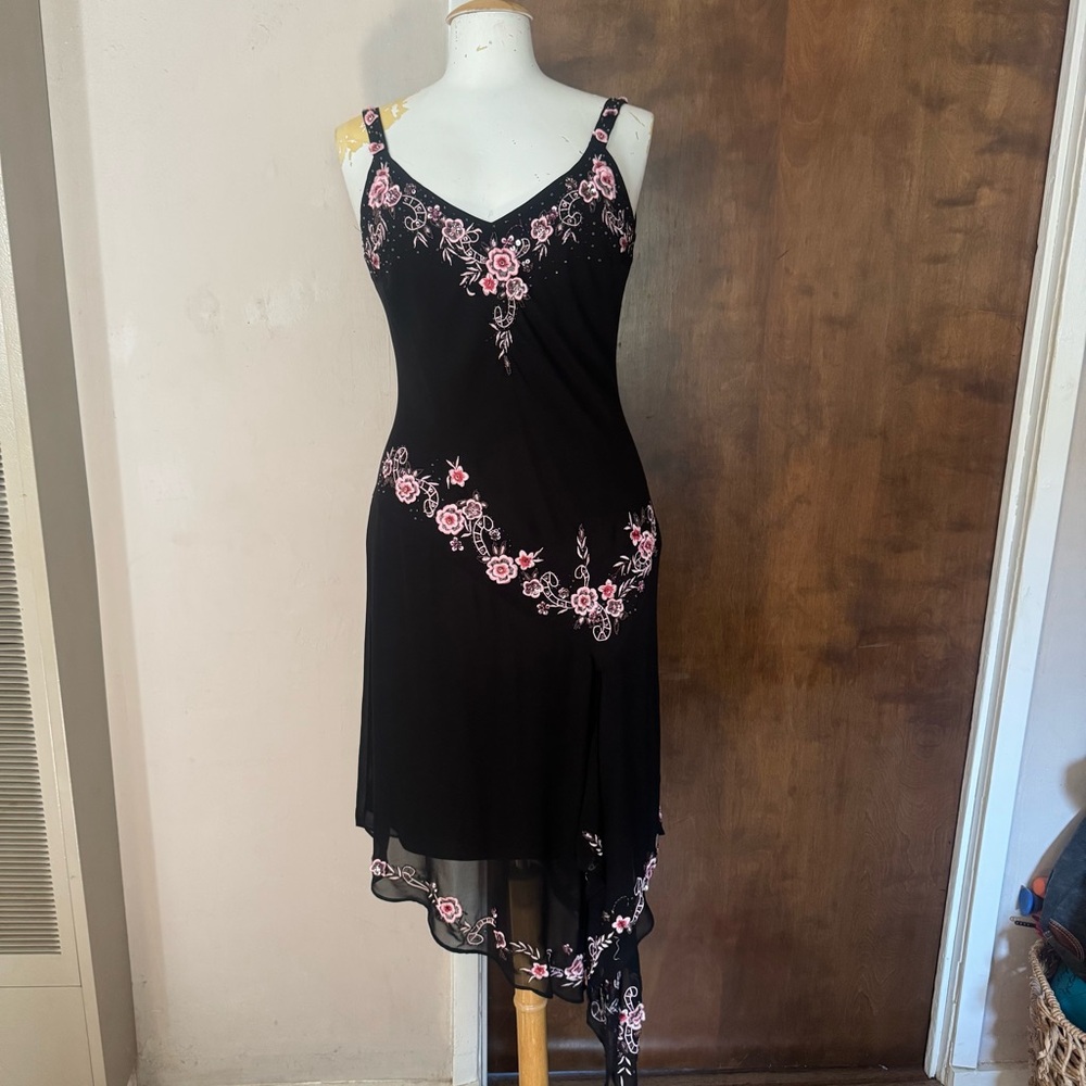 Vintage Y2K asymmetrical fairy slip dress sequin floral midi cocktail 8
